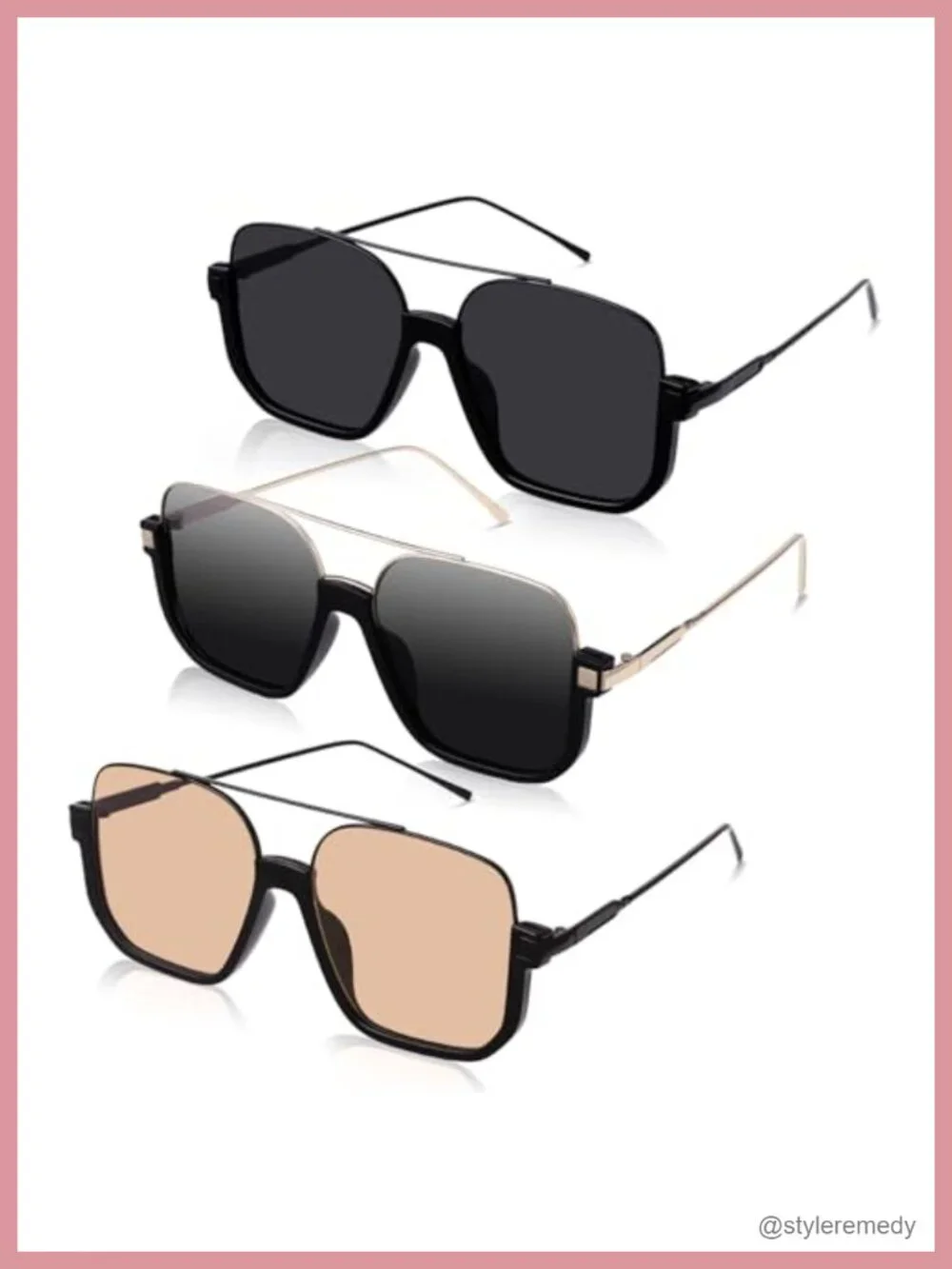 3 Pcs Retro Oversized Aviator Sunglasses Semi Rimless UV Protection Unisex